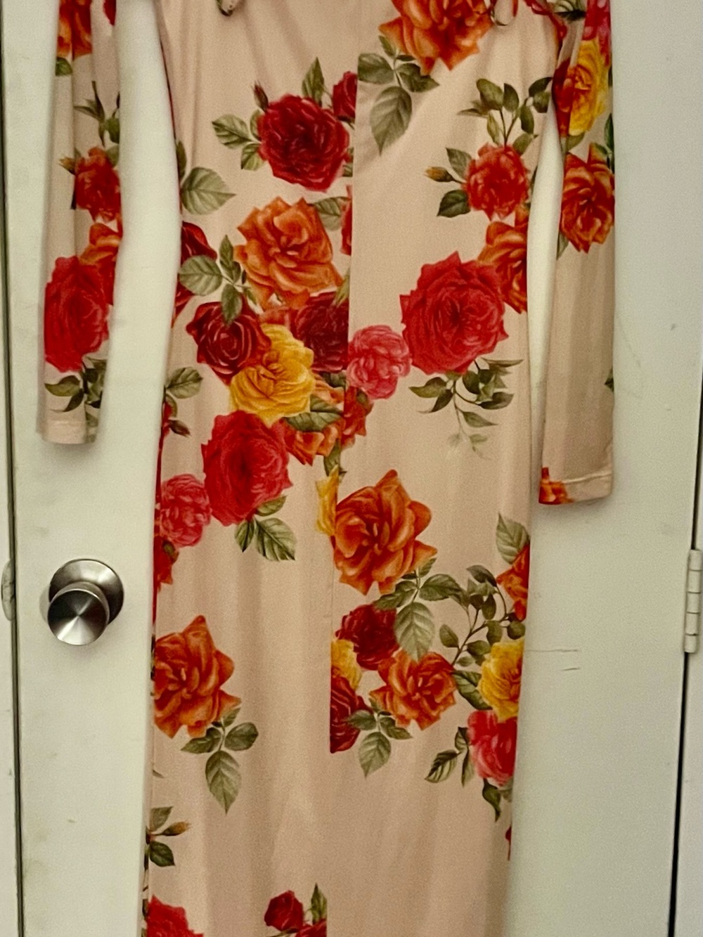 Fashion Nova Blush Floral Maxi Dress with Red & Yellow Roses